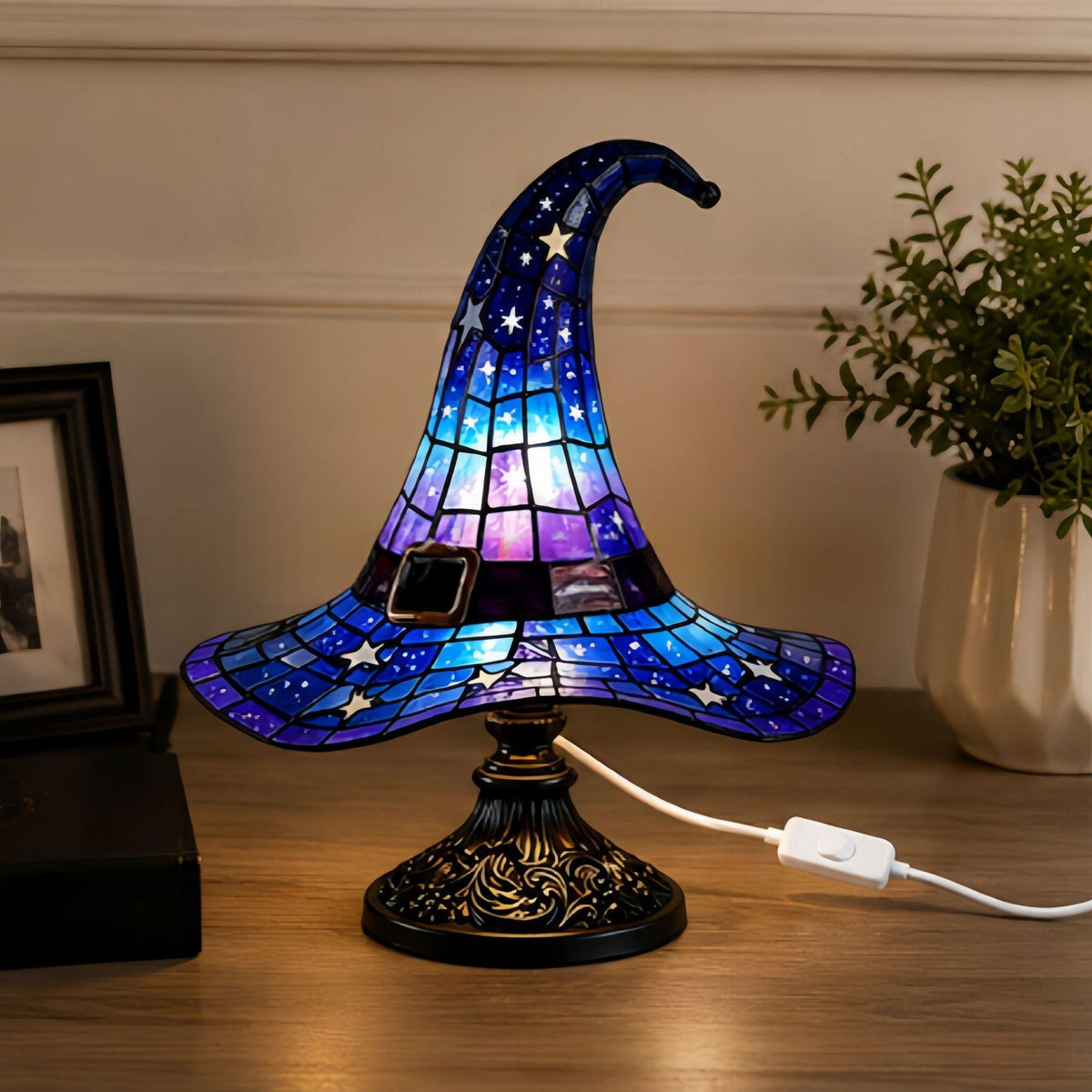 Blue star-pattern Witch Hat Table Lamp with an inline cord switch