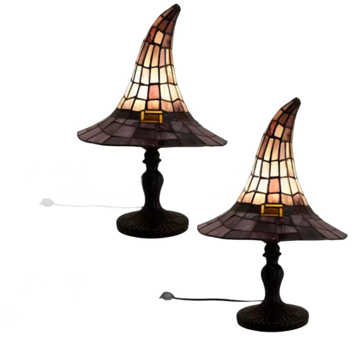 Two Style A Witch Hat Table Lamps with pointed shades and dark bases