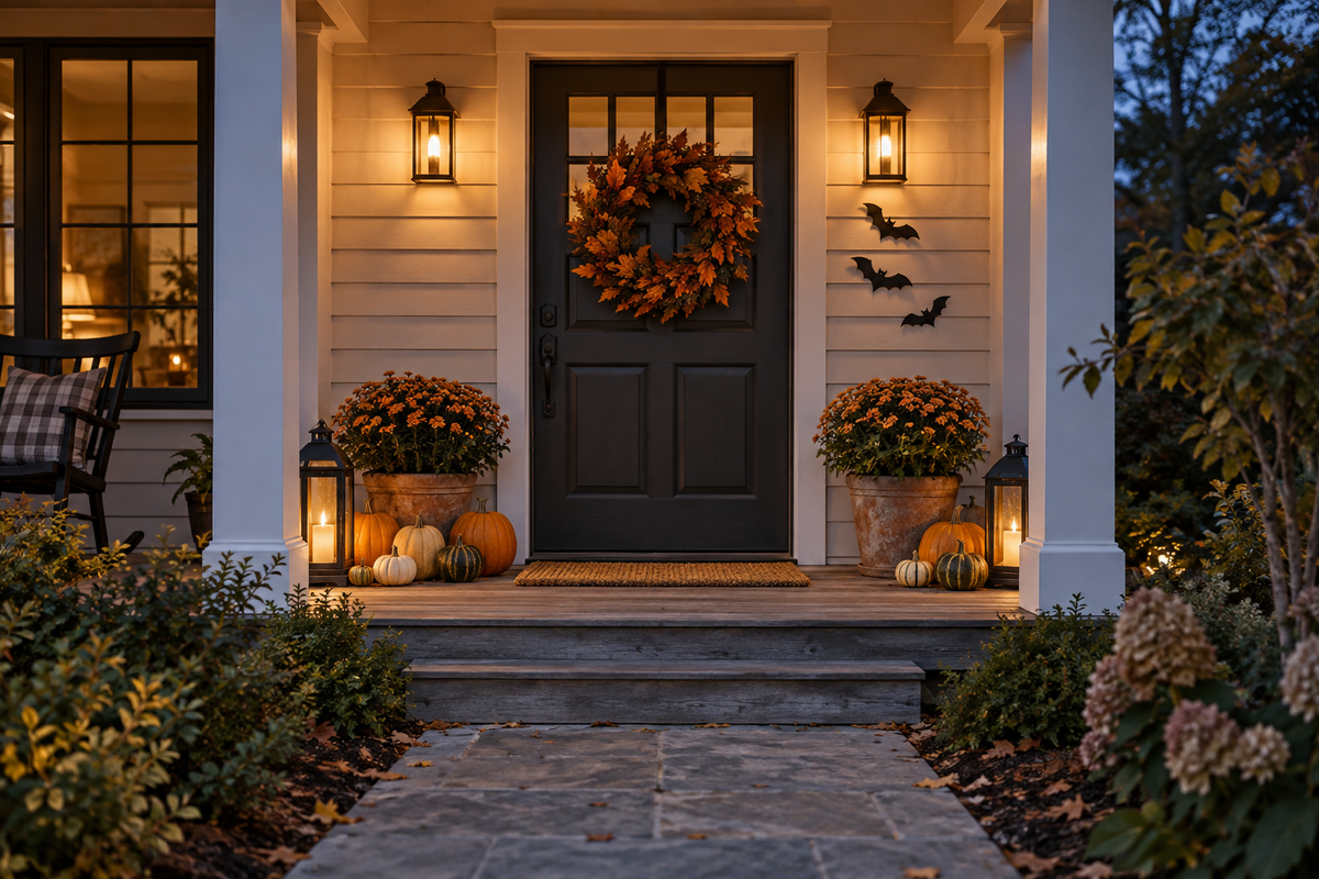 Halloween front porch styling with a leaf wreath, pumpkins and lanterns.